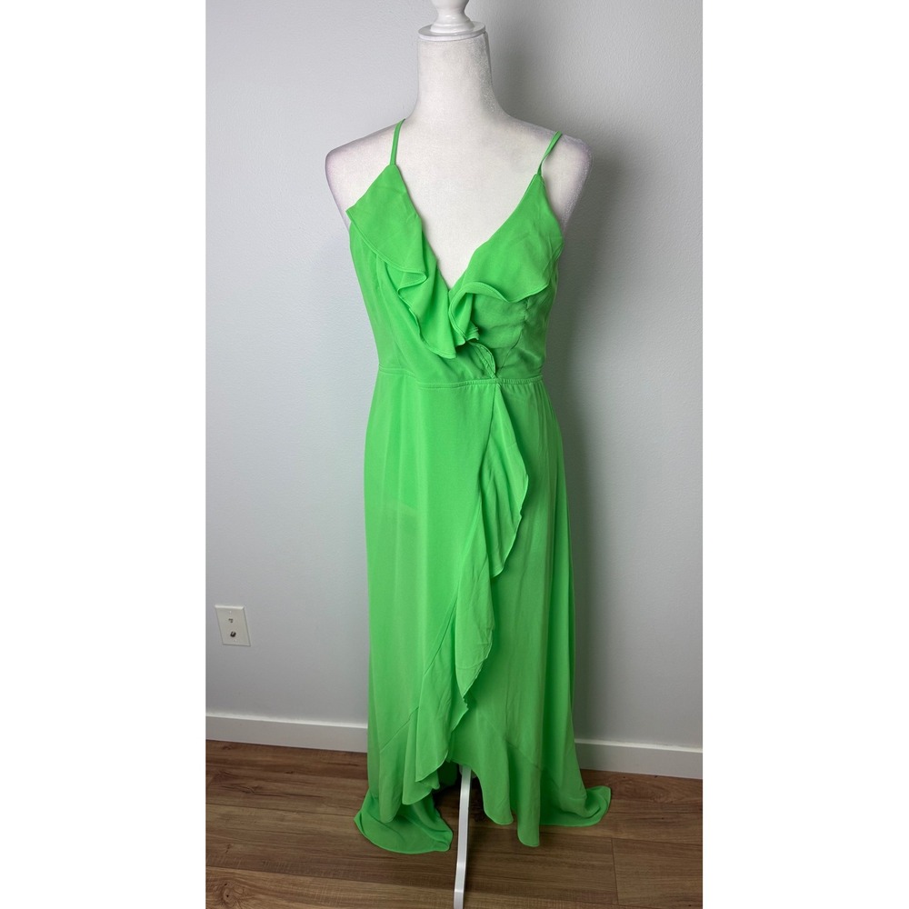Lime Green High Low‎ Ruffle Maxi Dress Open Back Tassel Tie V-Neck Sleeveless L